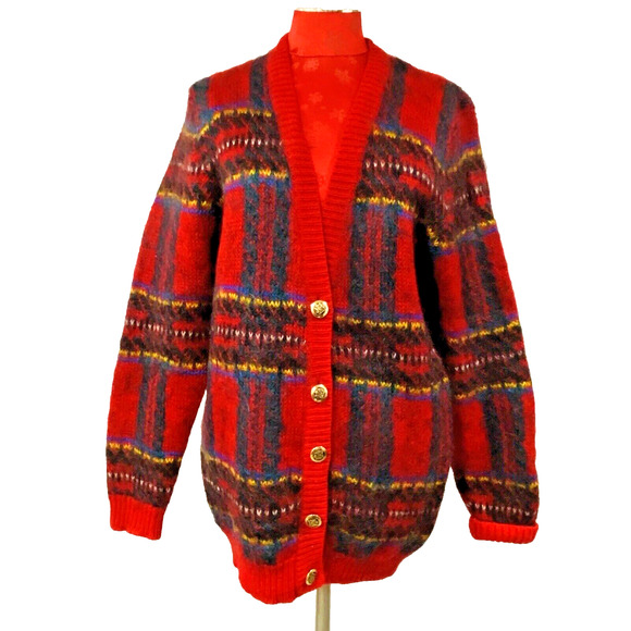 Vintage Susan Bristol Sz M Red Plaid Mohair Wool Blend Cardigan Sweater Classic - Picture 1 of 12